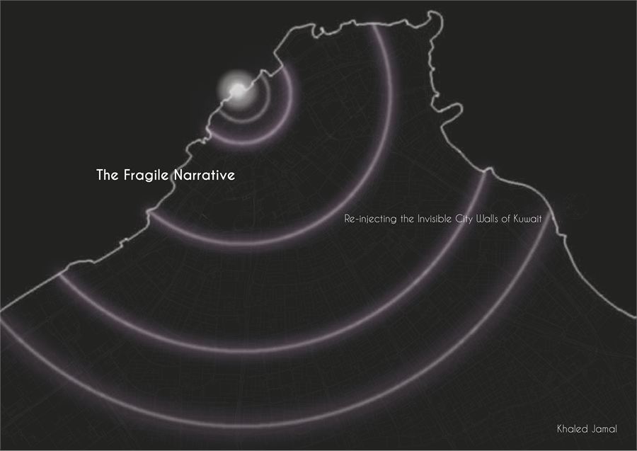 Title plate: a dark map of Kuwait City with the traced arcs of its demolished city walls
