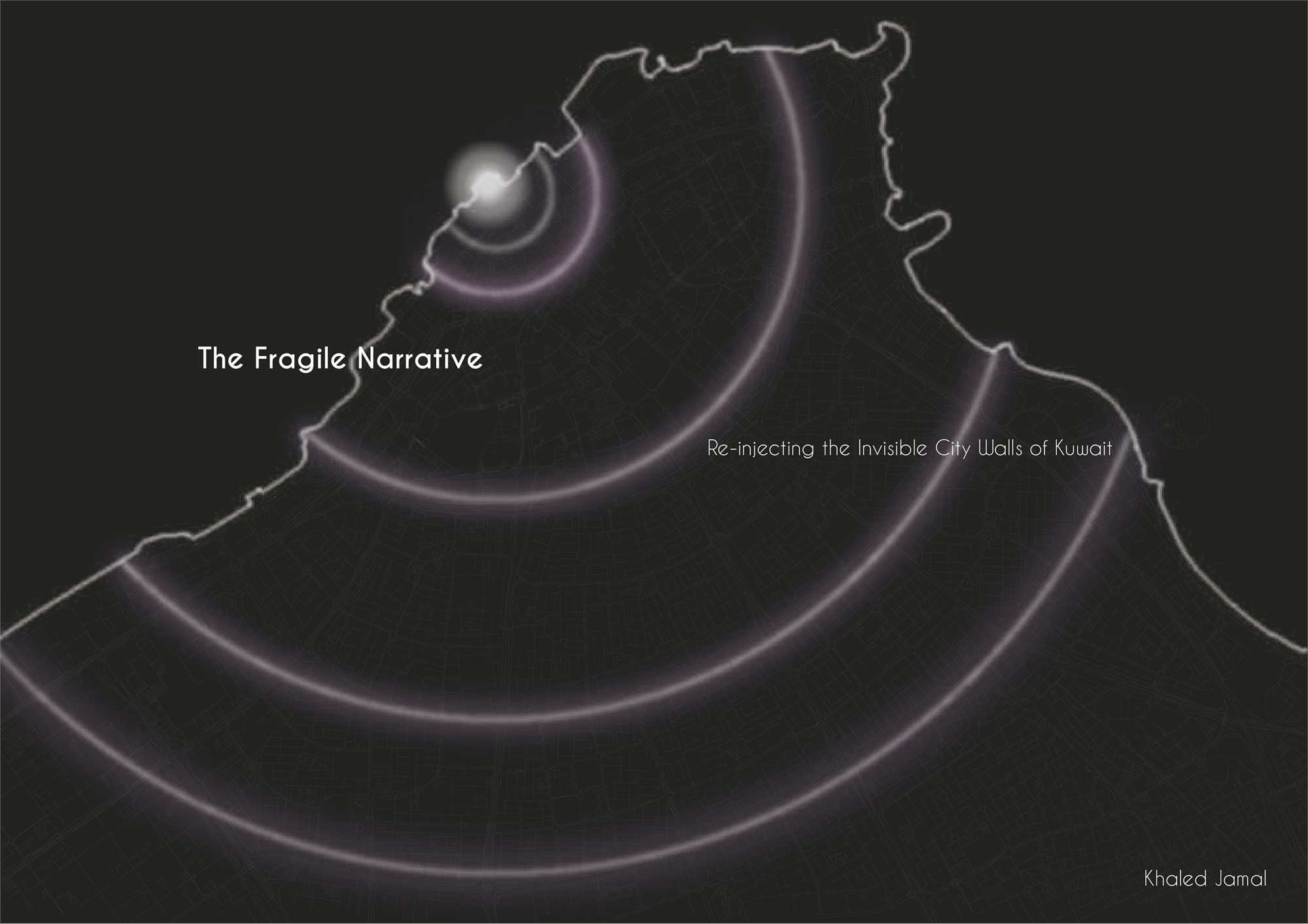 Title plate: a dark map of Kuwait City with the traced arcs of its three demolished city walls glowing