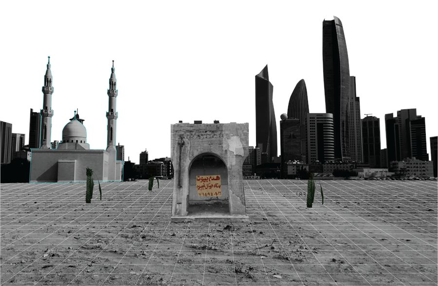 Collage of a lone traditional structure on an empty grid plain against the Kuwait City skyline