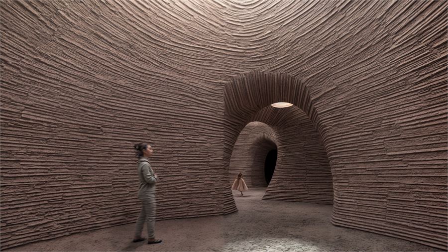 Interior of a rammed-earth dome with coursed layers rising to an oculus
