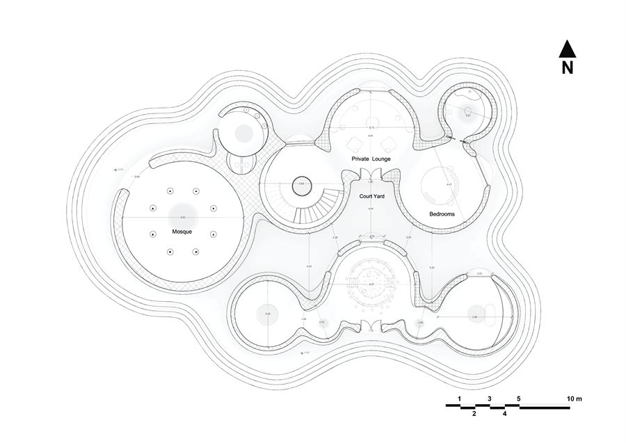 Ground floor plan labelling the mosque, private lounge, courtyard and bedrooms