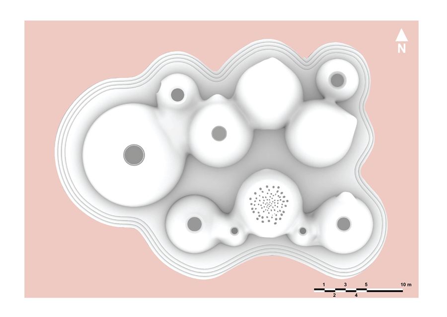 Top view of the clustered domes with the contoured ground around them