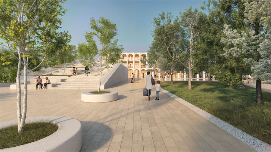 View of the proposed city gate and mobility hub at Via Lepore