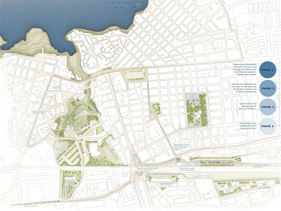 Masterplan drawing for Polignano a Mare showing the proposed mobility and green network