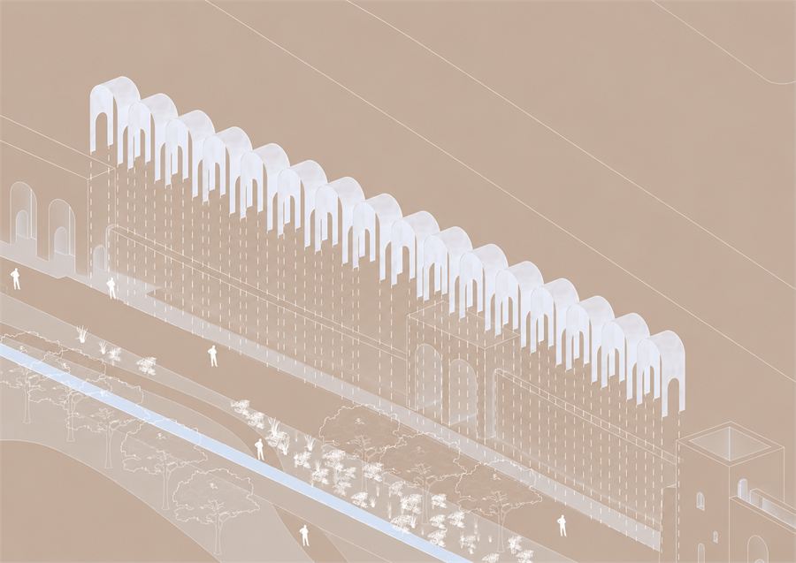 Axonometric of the modular corten addition reinstating the Aurelian Wall galleria