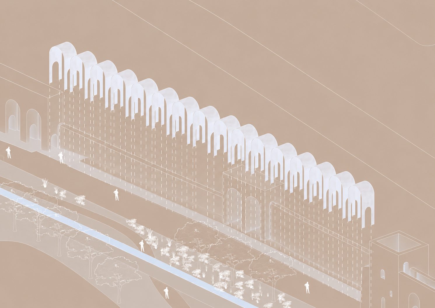 Axonometric drawing of the modular corten addition reinstating the missing galleria above the wall