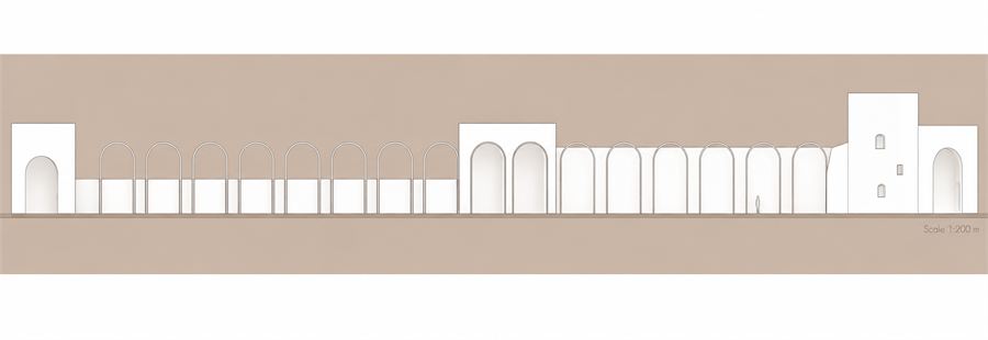 Long elevation of the wall showing where the addition reinstates the missing rhythm