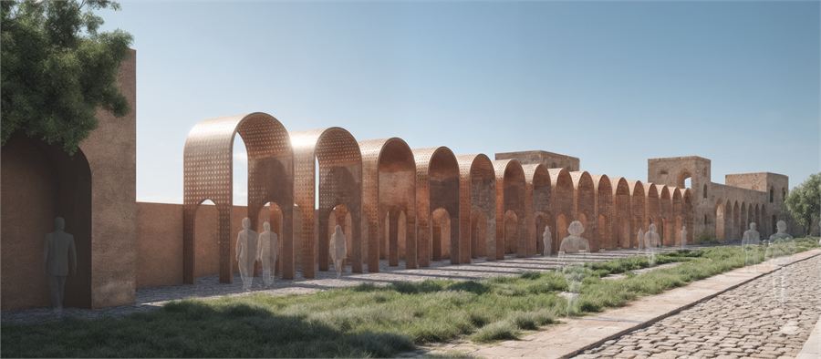 View along the wall with the corten arcade reinstating the lost galleria