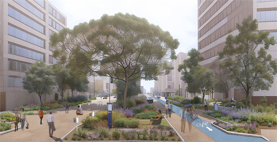 Street-level view of the regenerated Viale Marconi boulevard, planted and shaded by a large pine