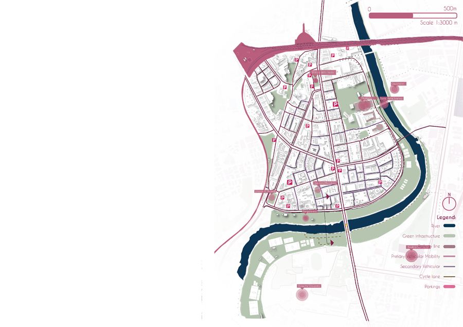 Analysis map of the Marconi district showing potentials and critical issues along the Tiber