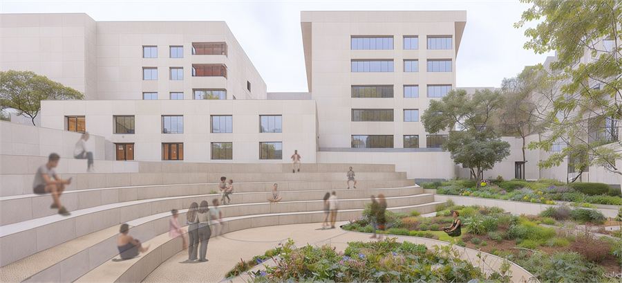 A stepped public courtyard opened between two residential blocks off Viale Marconi
