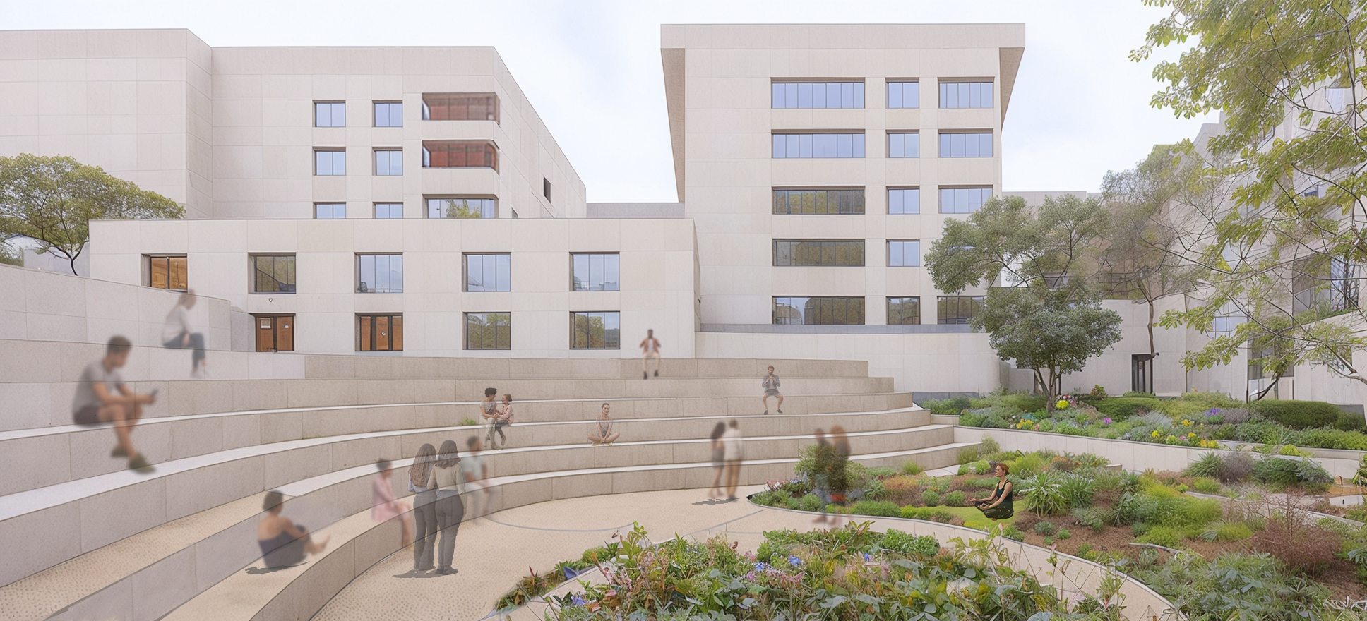 A stepped public courtyard opened between two residential blocks off Viale Marconi