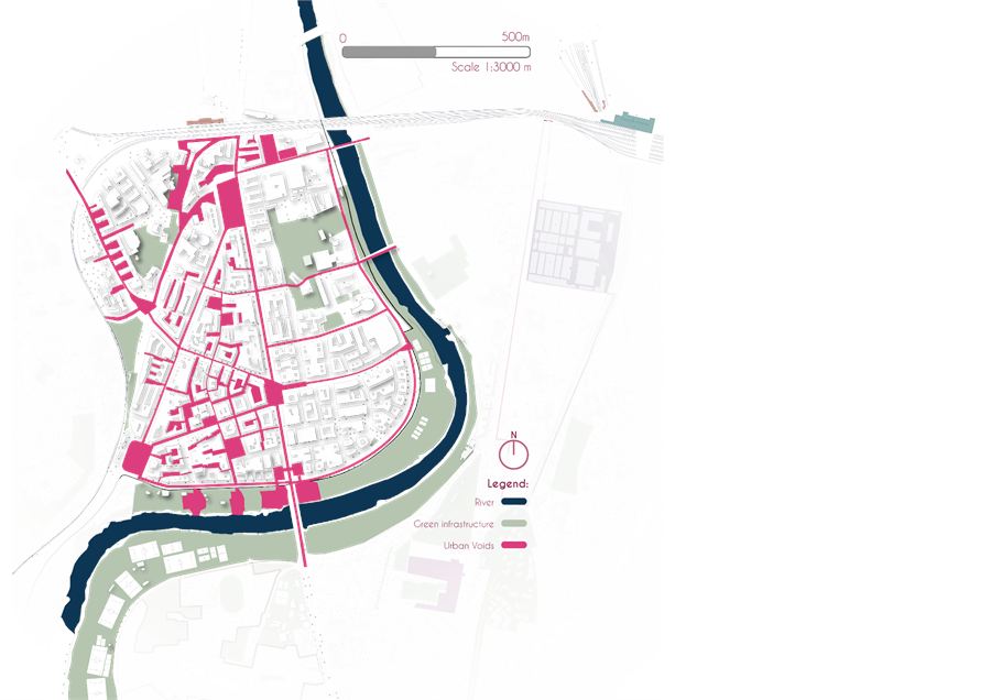 Map of the proposed public space and soft mobility network through the district