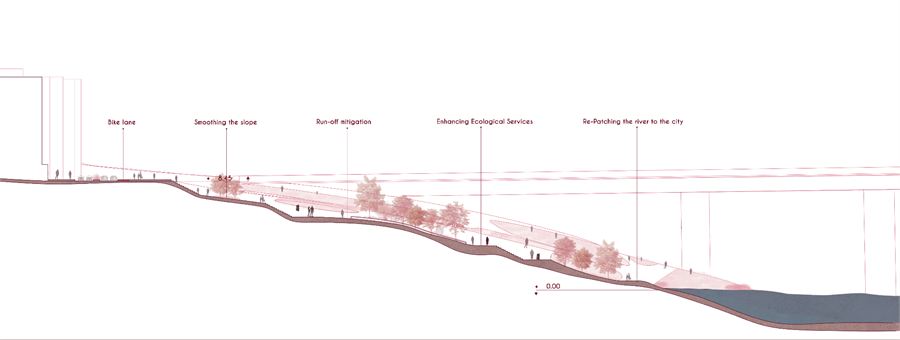 Long section from the street down through the river park to the Tiber