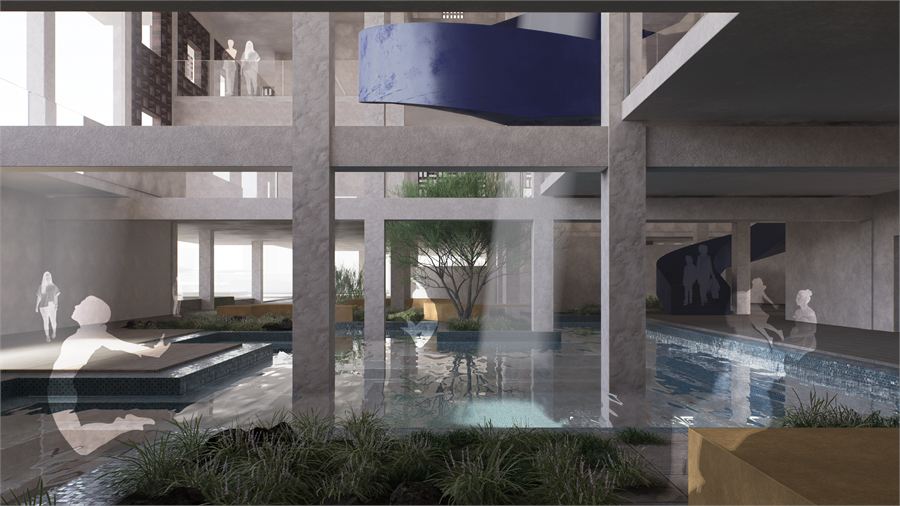 Interior view of the basement water court between the existing concrete frame
