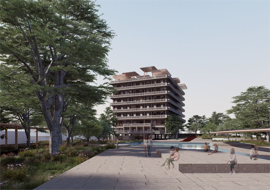 Render of the regenerated St. George Hotel seen from a new public promenade
